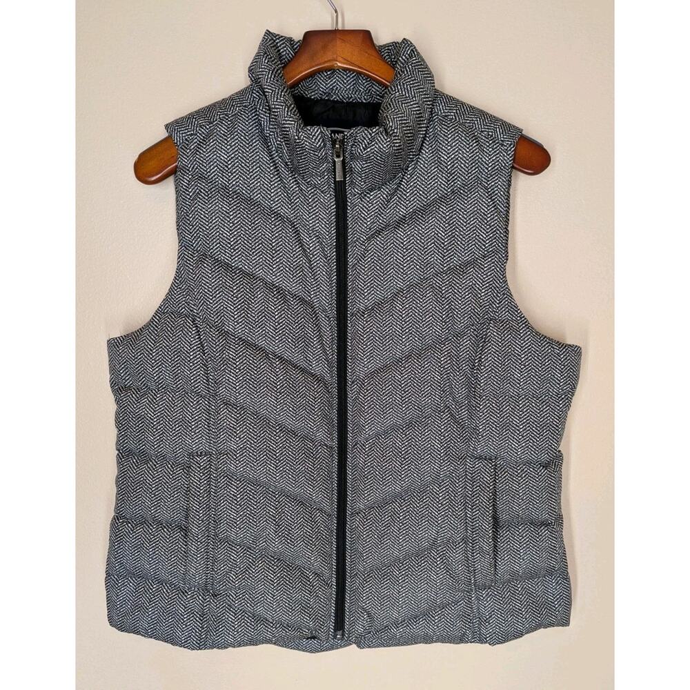 Lands End Womens Large 14-16 Down Filled Puffer Vest Black White Houndstooth EUC